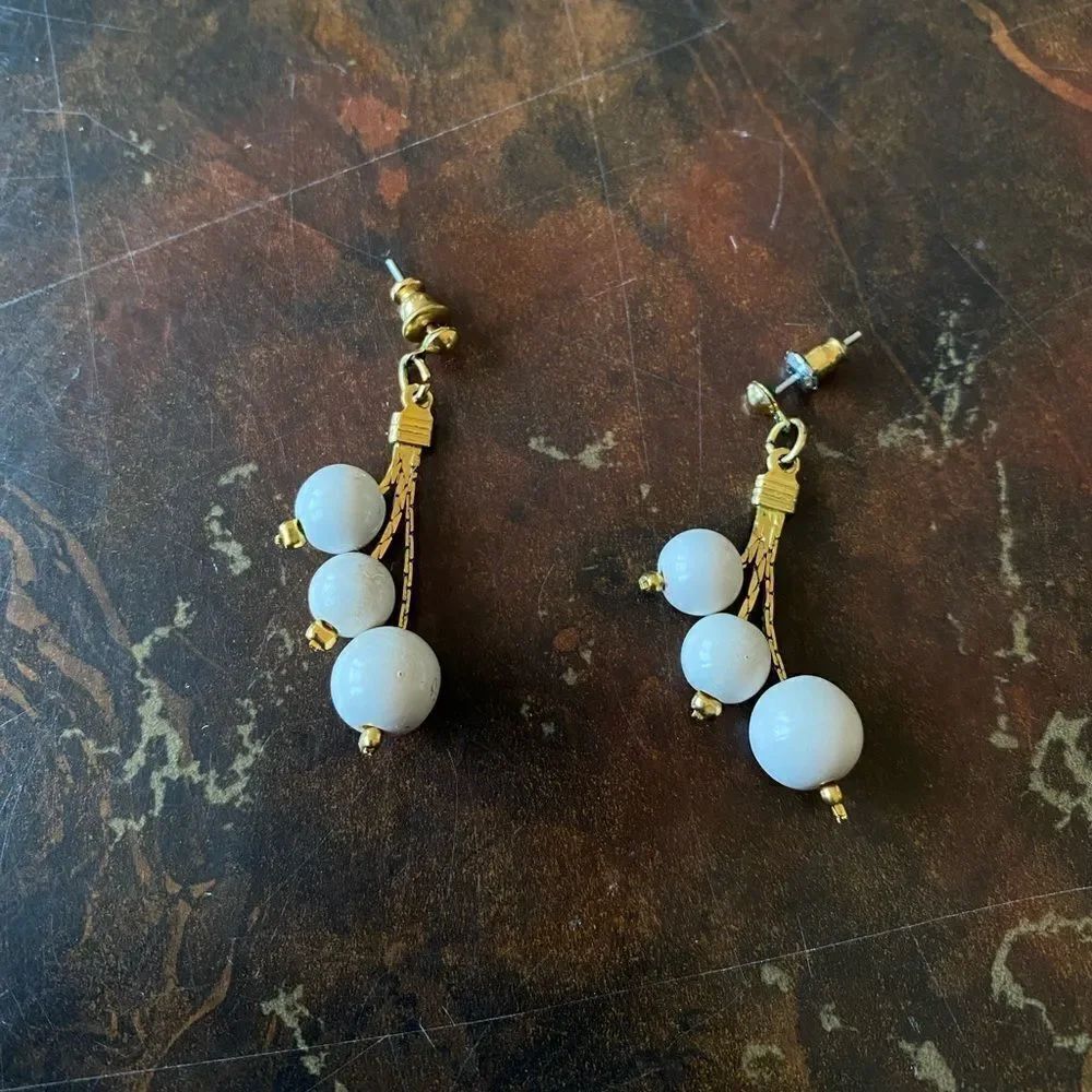Vintage Gold and White Bead Drop Earrings